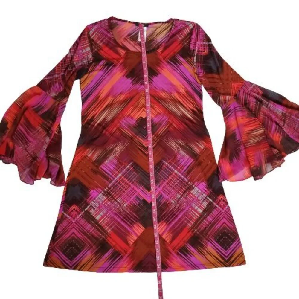 MSK Women's Pink Red Orange Print Sheer Bell Sleeve Cocktail Dress Size Medium - Picture 10 of 11